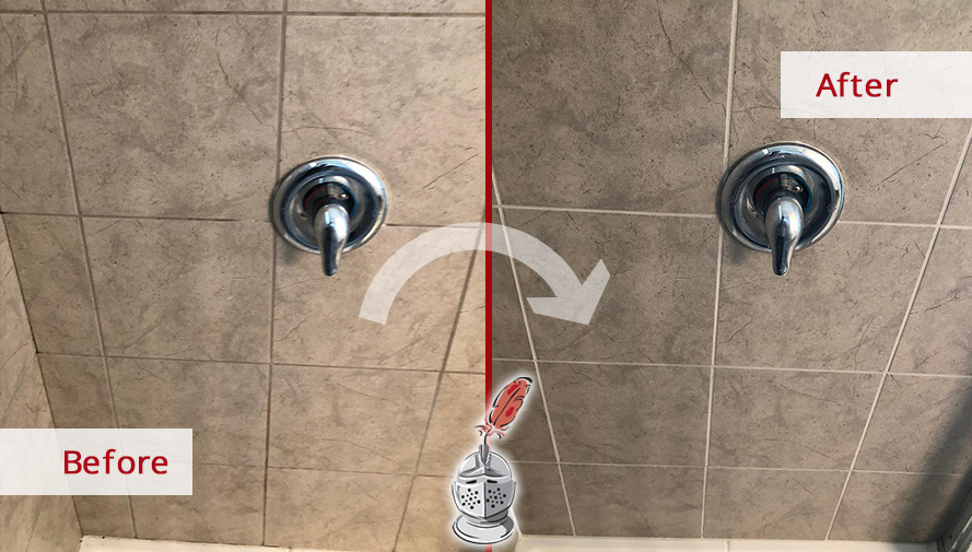 Picture of a Shower Wall Before and After a Grout Cleaning in Austin, TX