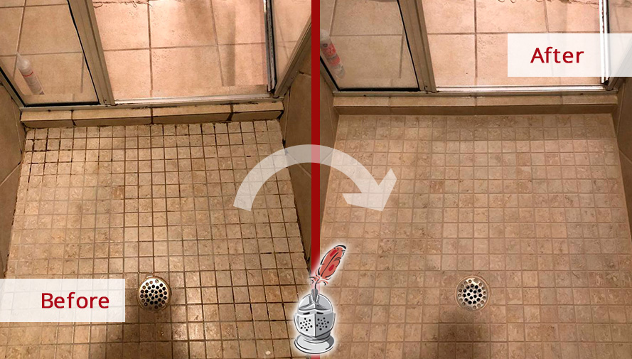 Shower Before and After a Grout Recoloring in Round Rock, TX