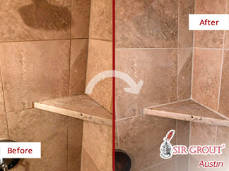 Before and After Picture of the Transformation of a Travertine Shower in Austin, TX After a Grout Sealing Service
