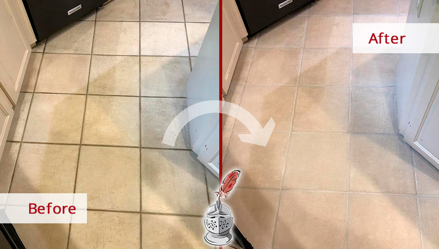 Before and After Image of a Ceramic Floor After a Grout Cleaning in Austin