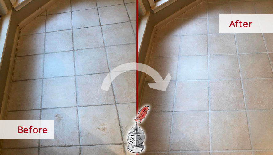 Before and After Image of a Tile Floor After a Grout Cleaning in Austin