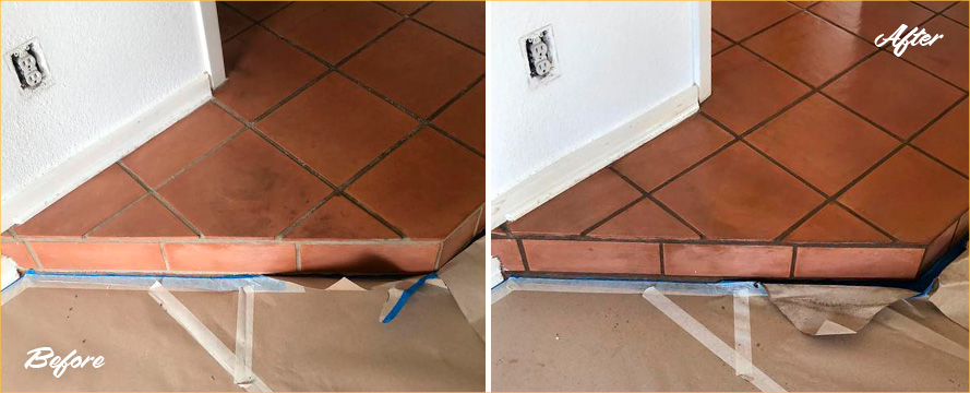 Before and After Picture of a Terracotta Floor After an Amazing Stone Sealing in Austin