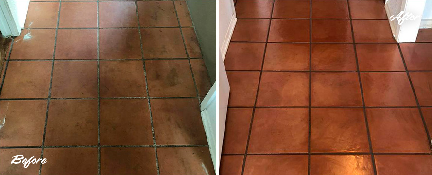Before and After Picture of a Terracotta Floor After a Stone Sealing in Austin