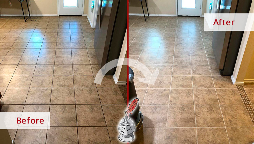 Picture of a Tile Floor Before and After a Grout Cleaning in Pflugerville, TX
