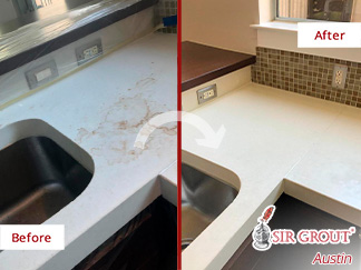 Picture of a Countertop Before and After a Stone Cleaning in Austin, TX