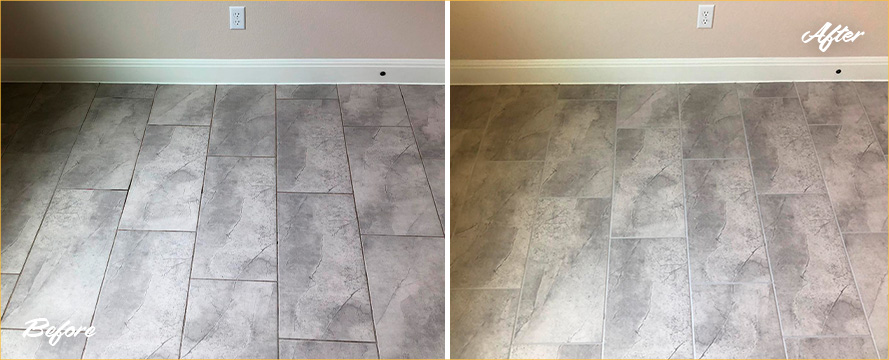 Picture Showing the Before and After of a Ceramic Floor After a Grout Cleaning in Austin, TX