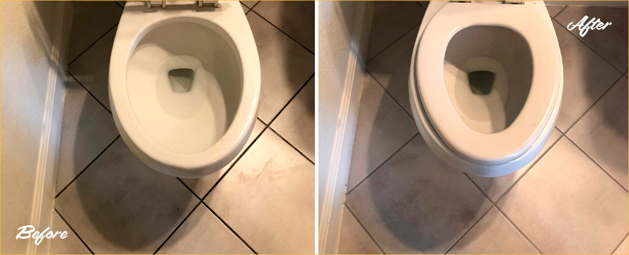 Image Showing How This Client's Bathroom Floor Went from Dingy to Clean Thanks to Our Grout Cleaning in Austin, TX