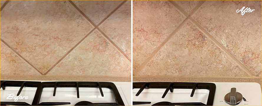 Before and After Image of a Kitchen Floor After a Grout Recoloring in Buda, TX 