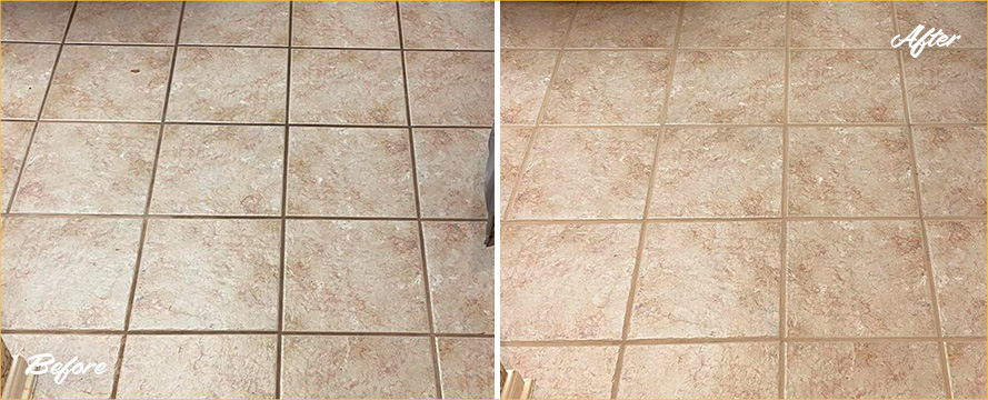 Before and After Image of a Kitchen Floor After a Superb Grout Recoloring in Buda, TX 