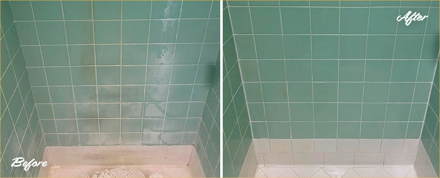 Picture of a Shower Wall Before and After our Outstanding Hard Surface Restoration Services in Austin, TX