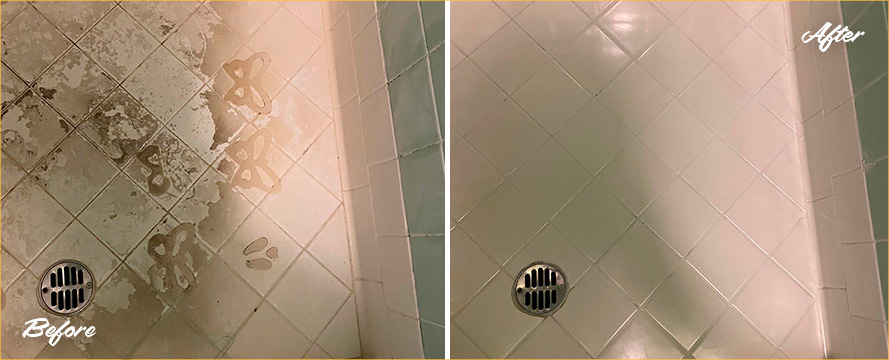 Picture of a Shower Floor Before and After our Professional Hard Surface Restoration Services in Austin, TX