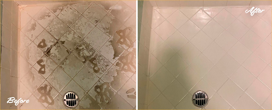 Picture of a Shower Floor Before and After our Hard Surface Restoration Services in Austin, TX