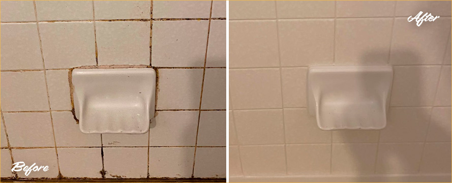 Picture of Shower Walls Before and After a Grout Cleaning in Austin, TX