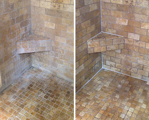 Picture of a Shower Before and After a Stone Cleaning in Webberville, TX