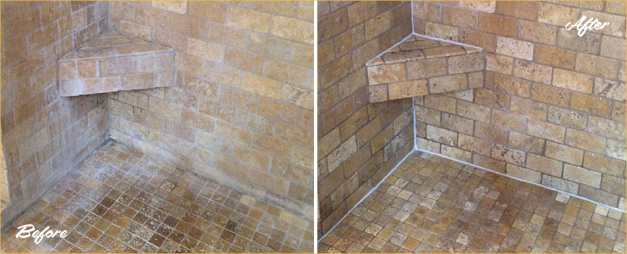 Picture of a Shower Before and After a Professional Stone Cleaning in Webberville, TX