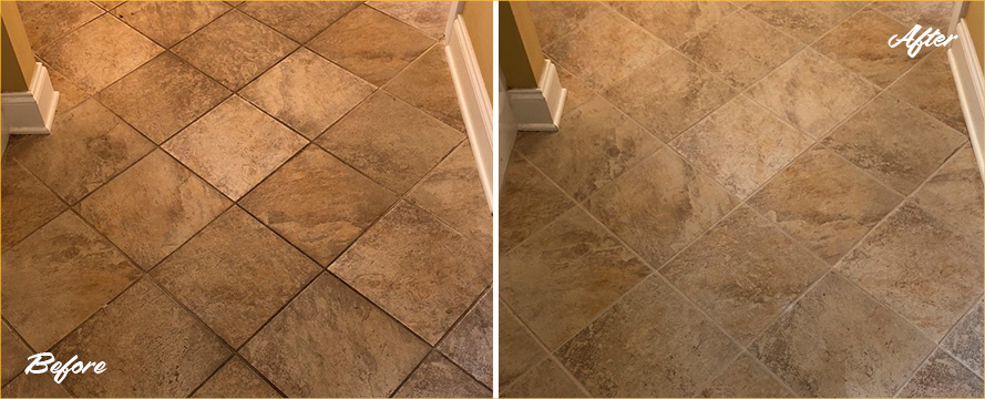 Picture of a Floor Before and After a Professional Tile Cleaning in Rollingwood, TX