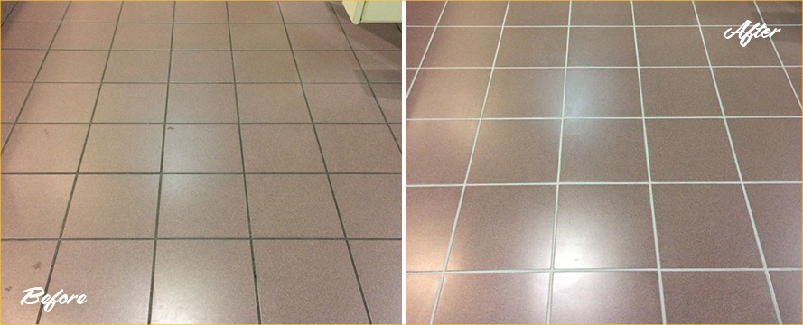 Commercial Restroom Floor Before and After Our Grout Cleaning in Volente, TX