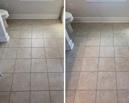 Bathroom Floor Before and After a Grout Sealing in Austin