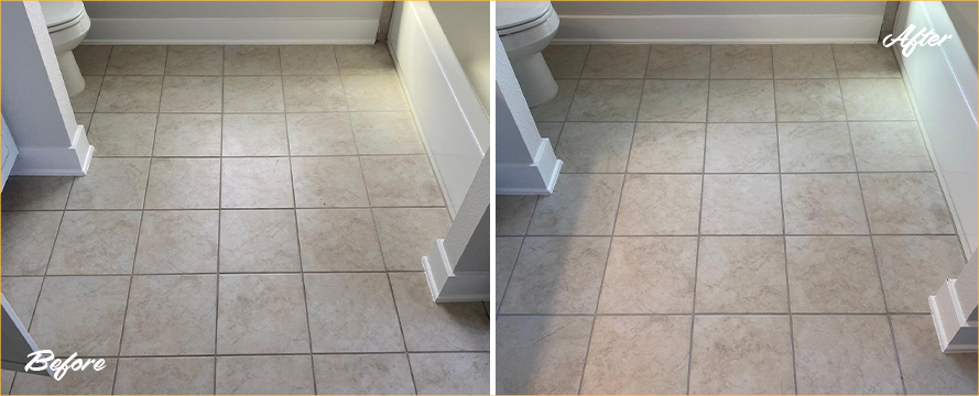 Bathroom Floor Before and After a Grout Sealing in Austin