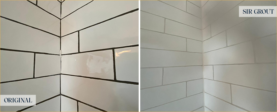 Close-up of Shower Walls Before and After a Grout Sealing in Austin