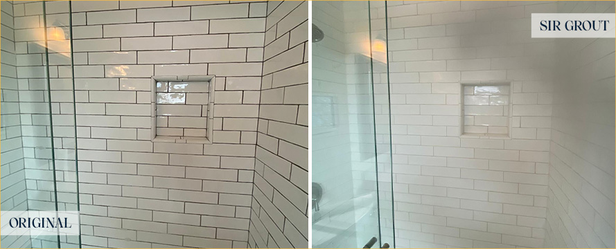 Tile Shower Wall Before and After a Grout Sealing in Austin