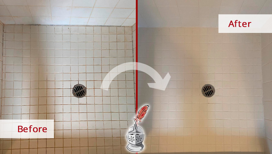 Shower Floor Before and After a Grout Sealing in Driftwood