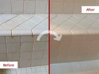 Close-up of Shower Tiles Before and After a Grout Sealing in Driftwood