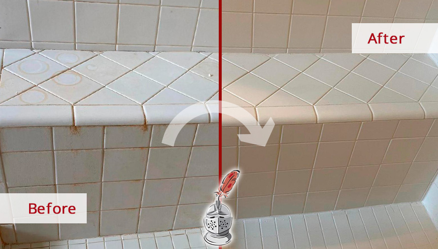 Close-up of Shower Tiles Before and After a Grout Sealing in Driftwood