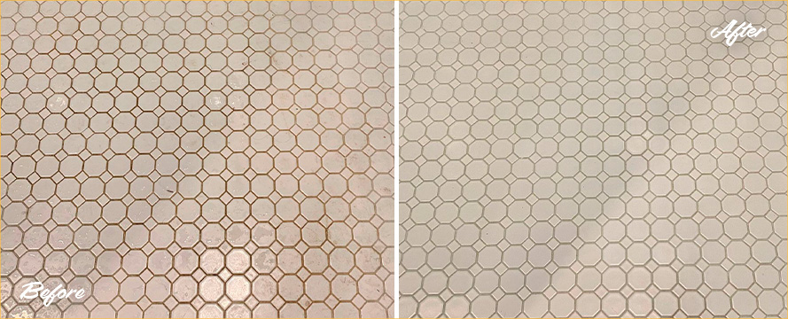 Shower Floor Before and After a Grout Sealing in Austin