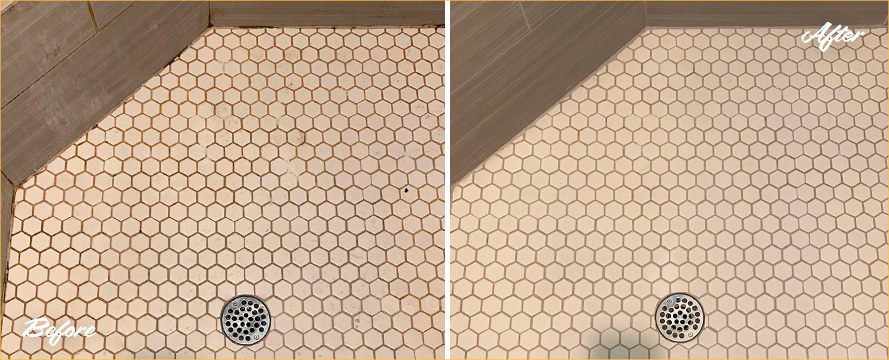 Shower Before and After a Superb Grout Sealing in Dripping Springs, TX