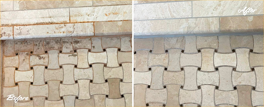 Shower Floor Before and After a Superb Stone Cleaning in Austin, TX