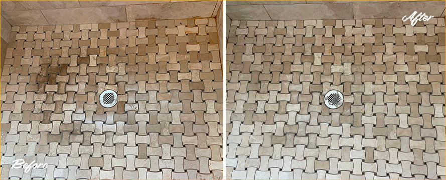 Shower Floor Before and After a Stone Cleaning in Austin, TX