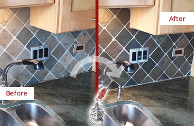 Before and After Picture of a Kitchen Blacksplash Caulked to Avoid Water Damage