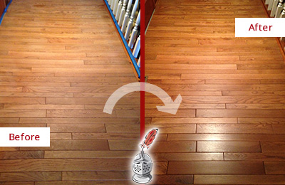 Before and After Picture of a Mustang Ridge Wood Sand Free Refinishing Service on a Dull Hallway