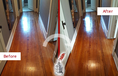 Before and After Picture of a Mustang Ridge Wood Sand Free Refinishing Service on a Floor to Eliminate Scratches