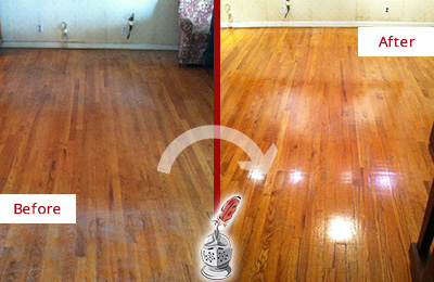 Before and After Picture of a Lakeway Wood Sand Free Refinishing Service on a Stained Floor