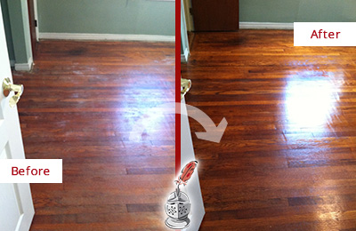 Before and After Picture of a Mustang Ridge Wood Sand Free Refinishing Service on a Dull Floor to Remove Stains