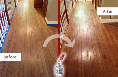 Before and After Picture of a Mustang Ridge Wood Sand Free Refinishing Service on a Worn Out Floor