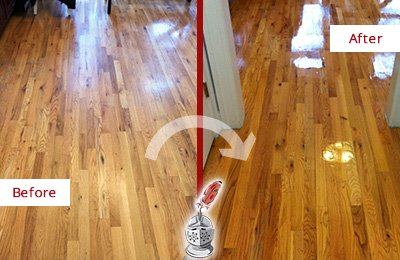 Before and After Picture of a Lakeway Wood Sand Free Refinishing Service on a Worn Out Hallway
