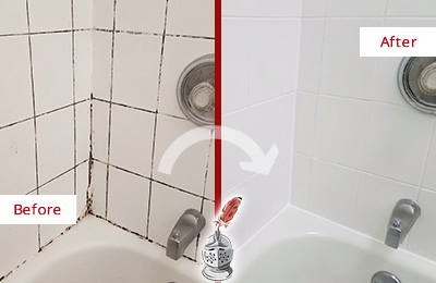 Picture of a White Tile and Tub with Moldy Joints Before and After a Tile Recaulking Service