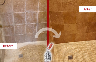 Sir Grout Hones and Polishes this Travertine Shower to Remove Mineral Deposits Before and After Picture of a Travertine Shower Honed and Polished to Remove Mineral Deposits