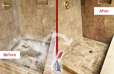 Sir Grout Cleans this Travertine Shower to Remove Soap Scum Picture of a Travertine Shower Before and After Cleaning Service to Remove Soap Scum