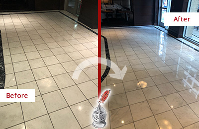 Sir Grout Austin Stone Services Help Maintain, Clean, and Polish Building Lobbies and Commercial Offices Stone Surfaces Picture of a Building Marble Entrance Floor Before and After Stone Restoration, Cleaning and Polishing
