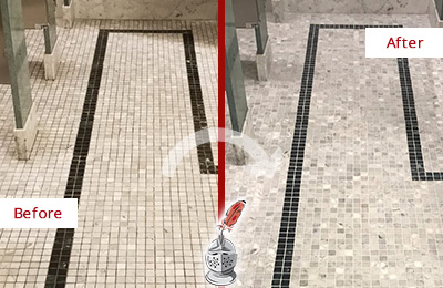 Sir Grout Austin Stone Cleaning Services Can Help Repair the Look of this Grimy Hospital's Restroom Before and After Picture of a Hospital Travertine Bathroom Floor Stone Cleaning Service