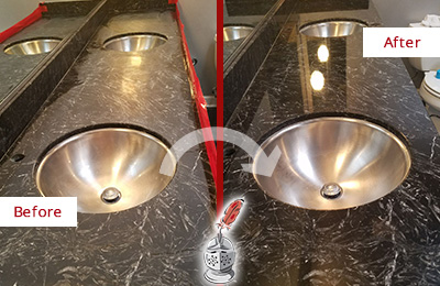 Sir Grout Austin Stone Services Are Ideal for Enhancing Restrooms Marble Countertops and Keep Them Perfect All Year Round Picture of an Office Restroom's Marble Countertop Before and After Color Enhancement and Restoration