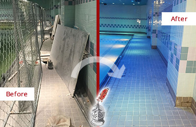 Sir Grout Austin Cleans and Seals this Gym Tile Pool Deck to Repair Damage Before and After Picture of a Gym Tile Pool Deck Cleaned and Sealed to Repair Damage