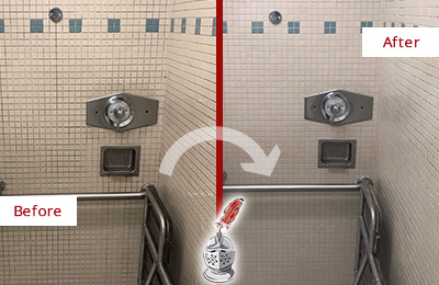 Sir Grout Austin Restores, Cleans and Seals this Grimy Hospital Shower to Remove Mold and Dirt Before and After Picture of a Grimy Hospital Shower Restored, Cleaned and Sealed to Remove Mold and Dirt