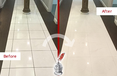 Sir Grout Austin Restores, Cleans and Seals this Medical Center Floor to Remove Stains Before and After Picture of a Medical Center Floor Restored, Cleaned and Sealed to Remove Stains