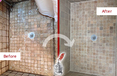 Before and After Picture of Grout Cleaning on a Shower