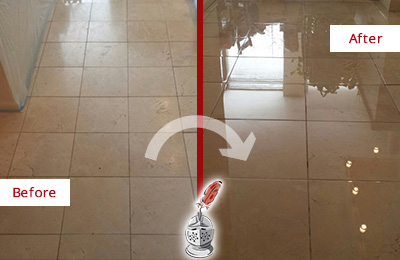 Before and After Picture of a Dull Hallway Marble Floor Honed and Polished to a Glossy Shine